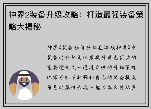 神界2装备升级攻略：打造最强装备策略大揭秘