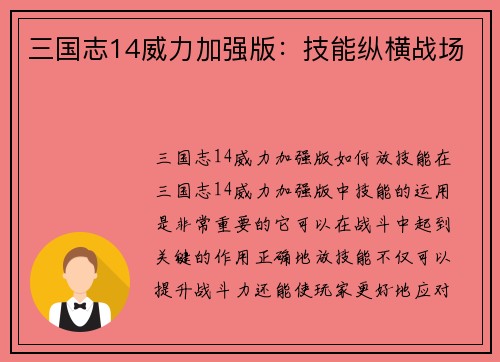 三国志14威力加强版：技能纵横战场
